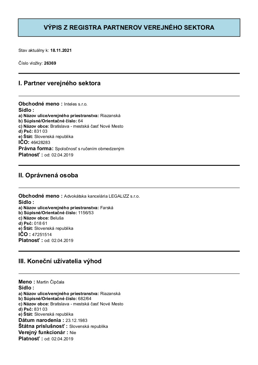 Výpis č. 26369 z registra partnerov verejného sektora